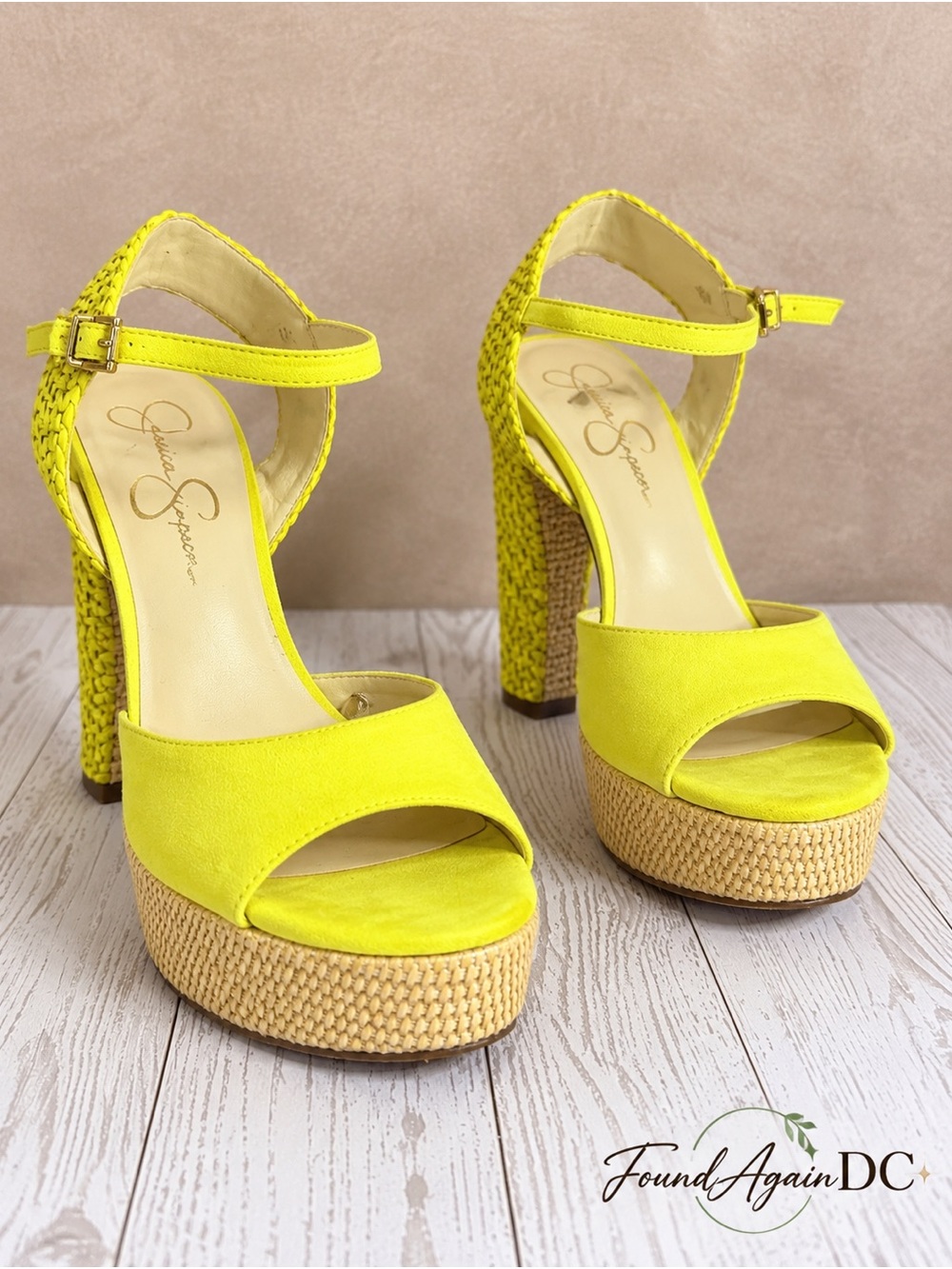 Jessica Simpson Neon Yellow Platform Ankle-Strap Sandals with Woven Platform